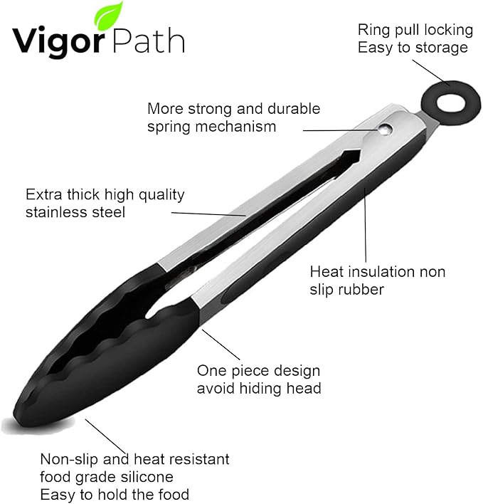 2-Pack of 9" (Small) & 12" (Large) Kitchen Tongs Set: Non-Stick Silicone-Stainless Steel Cooking Tongs, BPA Free, Heat Resistant (480°F) - Non-Slip Grip & Locking Metal Food Tongs (Black)