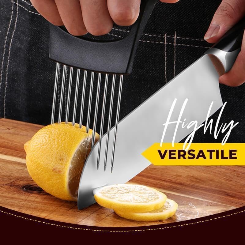 Onion Slice Holder - 2024 New Stainless Steel Slicing Assistant Tool for Onion, Meat, Potato, Tomato - Kitchen Gadget Chopper Cutter (Grey, 1 Pack)