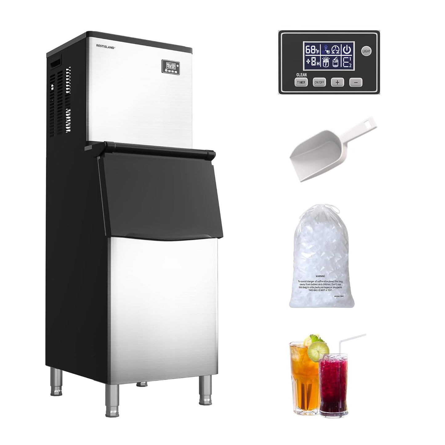 Commercial Ice Maker Machine, 360 lbs /24 h, 200 lbs Storage Bin, Industrial Ice Machine, Blue Light, Stainless Steel, Perfect for Bar/Home/Business