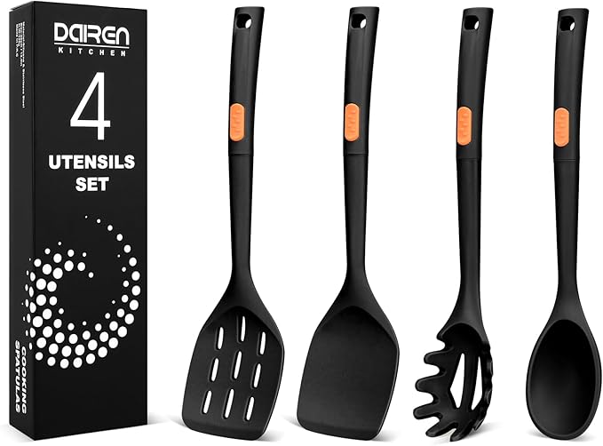 Silicone Spatulas and Spaghetti Spoons, 4 Pack Heat Resistant Full Silicone Cooking Utensils Set, Non Stick Large Kitchen Spatula Spoons for Cooking, Mixing, Serving, Draining