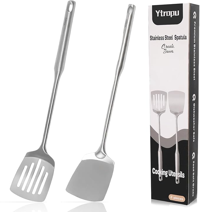 2 Pcs stainless steel spatula set,Heat Resistant metal spatula for cooking, kitchen utensils set Include Solid & Slotted Turner,Ergonomic Handle, Easy to Clean