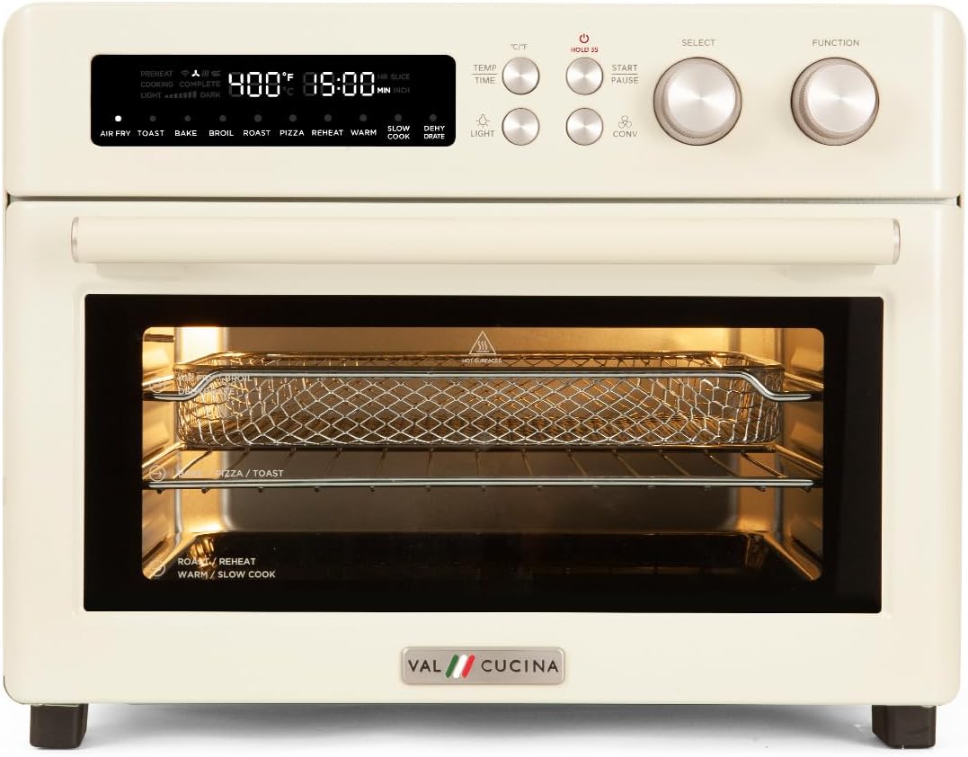 Retro Style Infrared Heating Air Fryer Toaster Oven, Extra Large Countertop Convection Oven 10-in-1 Combo, 6-Slice Toast, Enamel Baking Pan Easy Clean with Recipe Book, Almond Yellow Color
