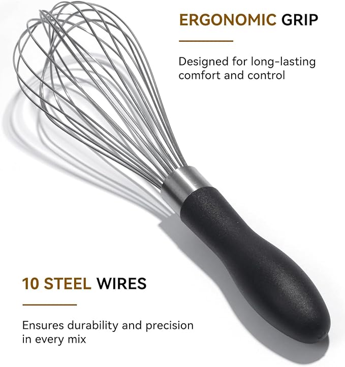 10-Inch Stainless Steel Kitchen Whisk, Ergonomic, Non-Slip Handle, Dishwasher Safe, Perfect for Beating Eggs, Mixing Batter, Whipping Cream