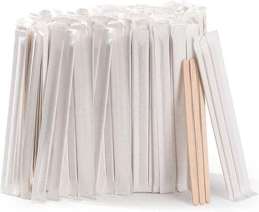 MFJUNS 1000pcs Individually Wrapped Coffee Stirrers Wood - 5.5" Coffee Stir Sticks, Round End Disposable coffee stirrer, For Coffee, Cocktail and Hot Drinks