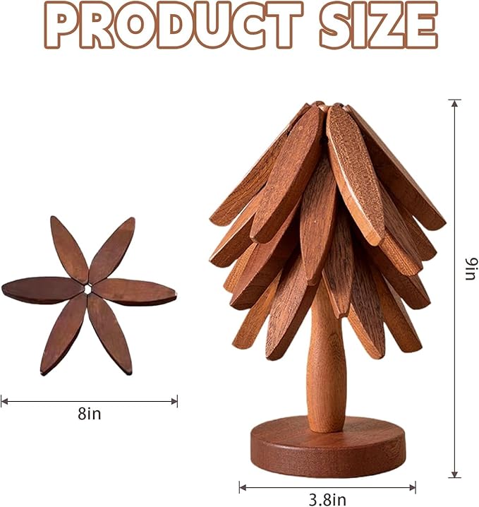 Wooden Cup Coaster Set，Tree Shape Trivet Set,Tree Coasters- 4 Wooden Trivets + 1 Stand stored for hot Dish/Pot/Bowl/teapot/hot Pot Set (Brown)