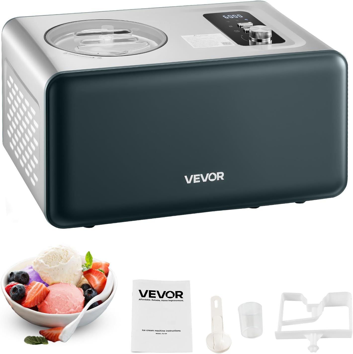 VEVOR Automatic Ice Cream Maker with Built-in Compressor, 1.5 Quart No Pre-freezing Gelato Maker, Stainless Steel Electric Sorbet-Maker, 3 Modes Compressor Ice Cream Machine for Home Kitchen