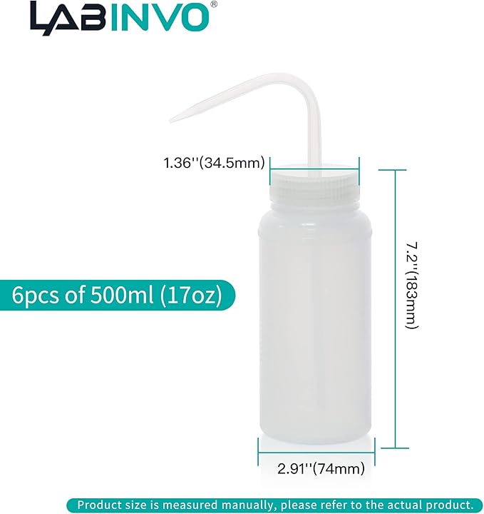 6pcs of Economy Wash Bottles, Vol.500ml (17oz), Wide-Mouth, Self-Venting Safety Wash Bottles, LDPE Material, IN-WBW500