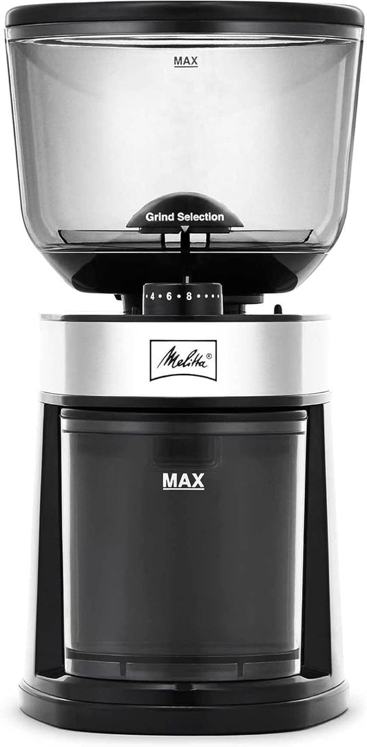 Melitta Molino Flat Burr Coffee Grinder | Whole Bean Grinder | Easy Clean & Assembly | Safety Lock Feature | with Cleaning Brush and Spoon Included |Capacity: 8 oz (225g) | 14 cups