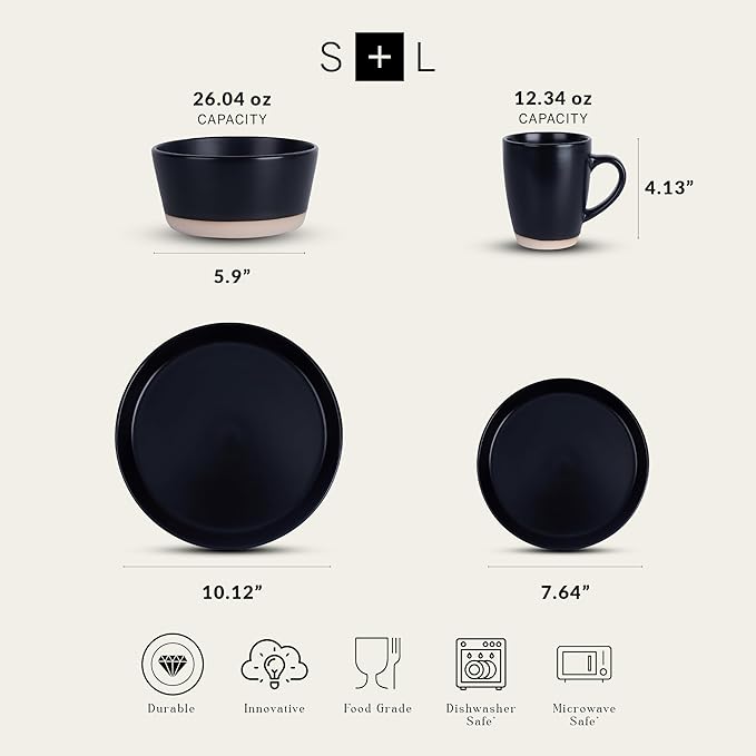Stone Lain Jules Modern Stoneware 32-Piece Round Black Dinnerware Set, Plates and Bowls Sets, Dish Set for 8, Black