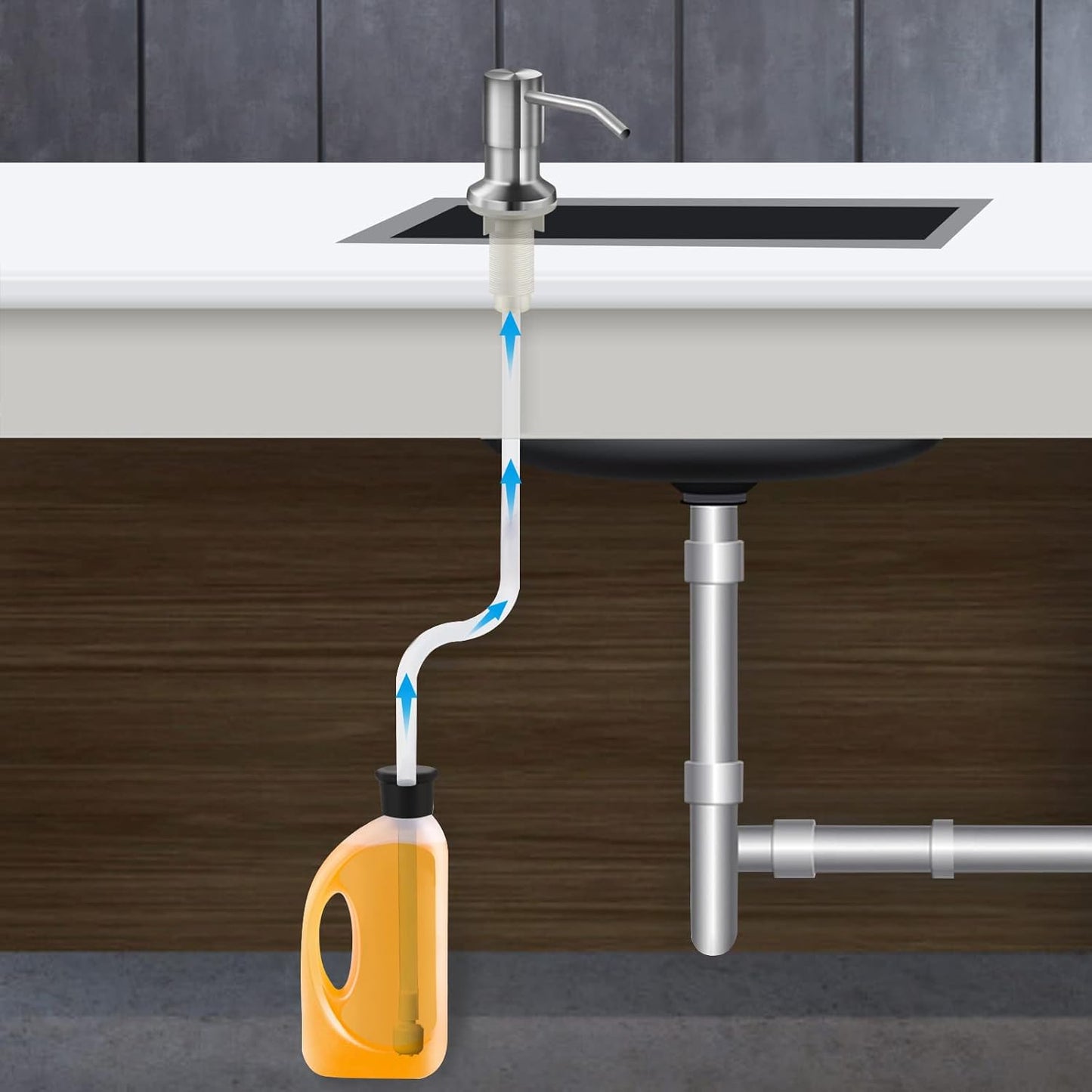 Soap Dispenser for Kitchen Sink and Extension Tube Kit, Stainless Steel SoapDispenser with 47 Inches Tube Connects Directly to Soap Bottle, Hand and Dish Soap Dispenser Pump （Brushed Nickel）