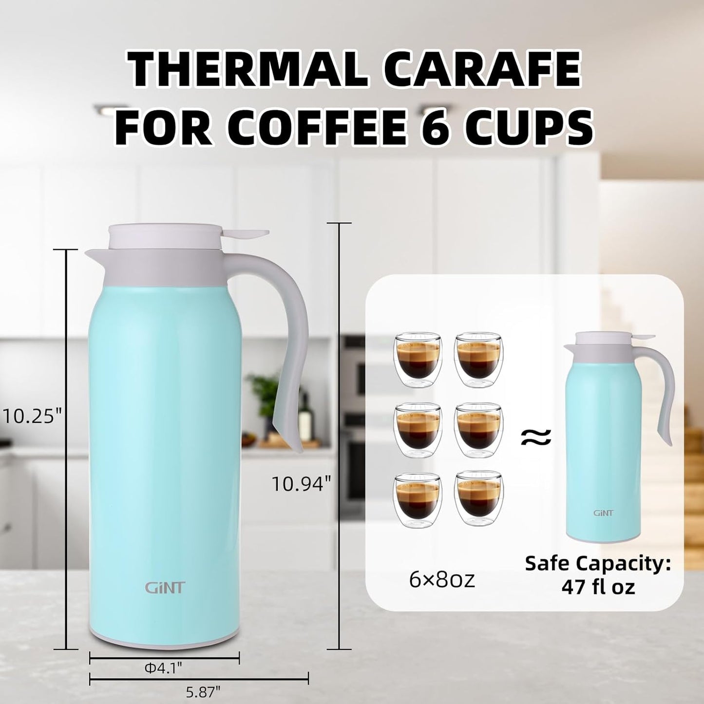 GiNT 51 Oz Stainless Steel Thermal Coffee Carafe, Double Walled Vacuum Insulated Flask, 12 Hour Heat Retention, 1.5 Liter Tea, Water, and Coffee Dispenser (Upgraded version Blue)