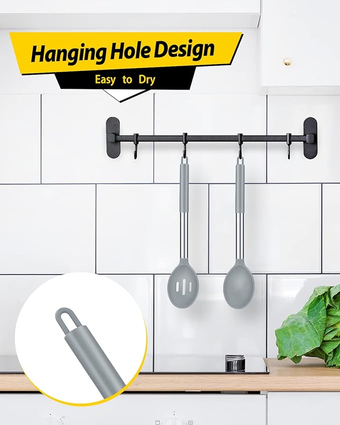 Pack of 2 Large Silicone Cooking Spoons,Non Stick Solid Basting Spoon,Heat-Resistant Kitchen Utensils for Mixing,Serving,Draining,Stirring (GREY)