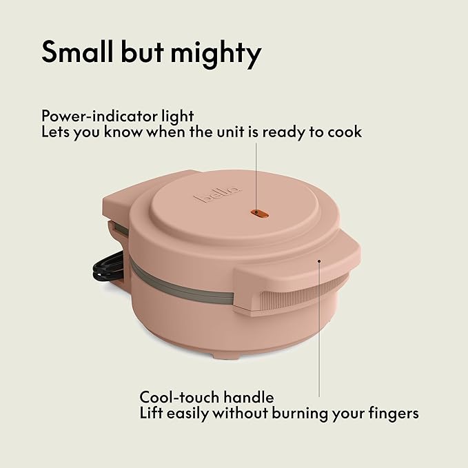 bella Snack-n-Store Mini Waffle Maker, EverGood™ Ceramic Nonstick Coating, Cord Wrap, Ready Indicator Light & Cool Touch Handles, Stackable Design & Customizable Plates, 400 Watt, Blossom