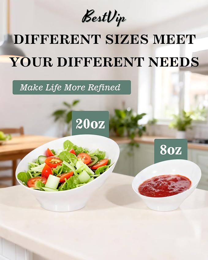 BESTVIP 12 Pack 20oz Angled Disposable Serving Bowls - White Plastic Serving Bowls for Party, Party Bowls for Chips, Snacks, Fruit, Salad - Bowls for Parties, Daily Use,Halloween, Christmas