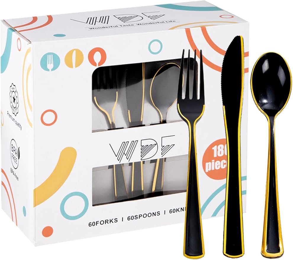 WDF 180 Pieces Black and Gold Plastic Silverware -Halloween Black Plastic Cutlery Incluede 60 Forks 60 Knives 60 Spoons Heavy Duty Disposable Flatware - Gold Utensils for New Year/Party/Daily Use