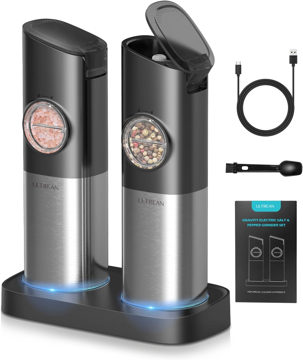Ultrean Pepper Grinder, Rechargeable Gravity Salt and Pepper Grinder with 6 Adjustable Coarseness, LED Light, One-Hand Automatic Operation, Stainless Steel, Gifts for Father‘s Day