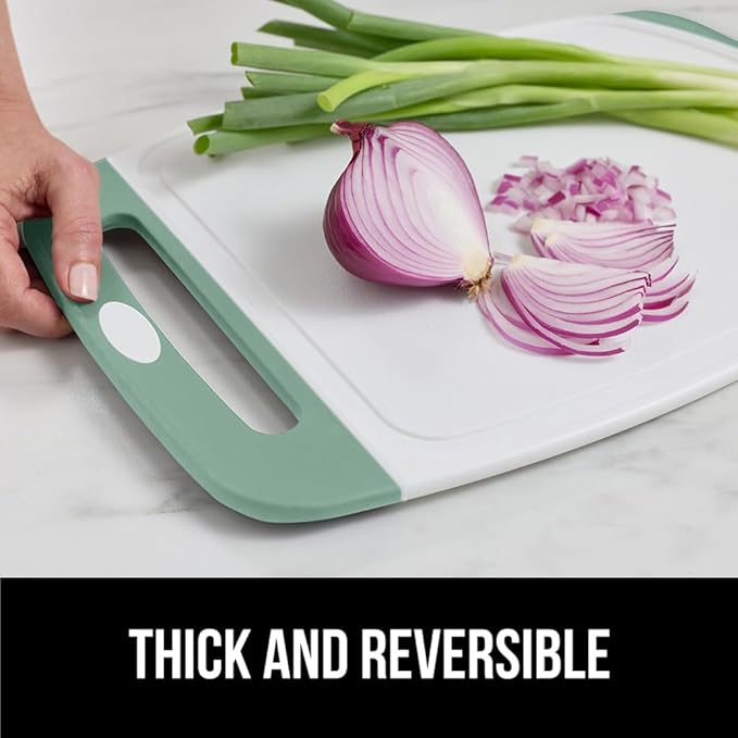 GORILLA GRIP BPA-Free Reversible Kitchen Cutting Board Set of 3, US Designed, Nonporous, Juice Grooves Catch Liquid, Slip Resistant Border, Dishwasher Safe Large Food Chopping Boards, Gray Mint Pink