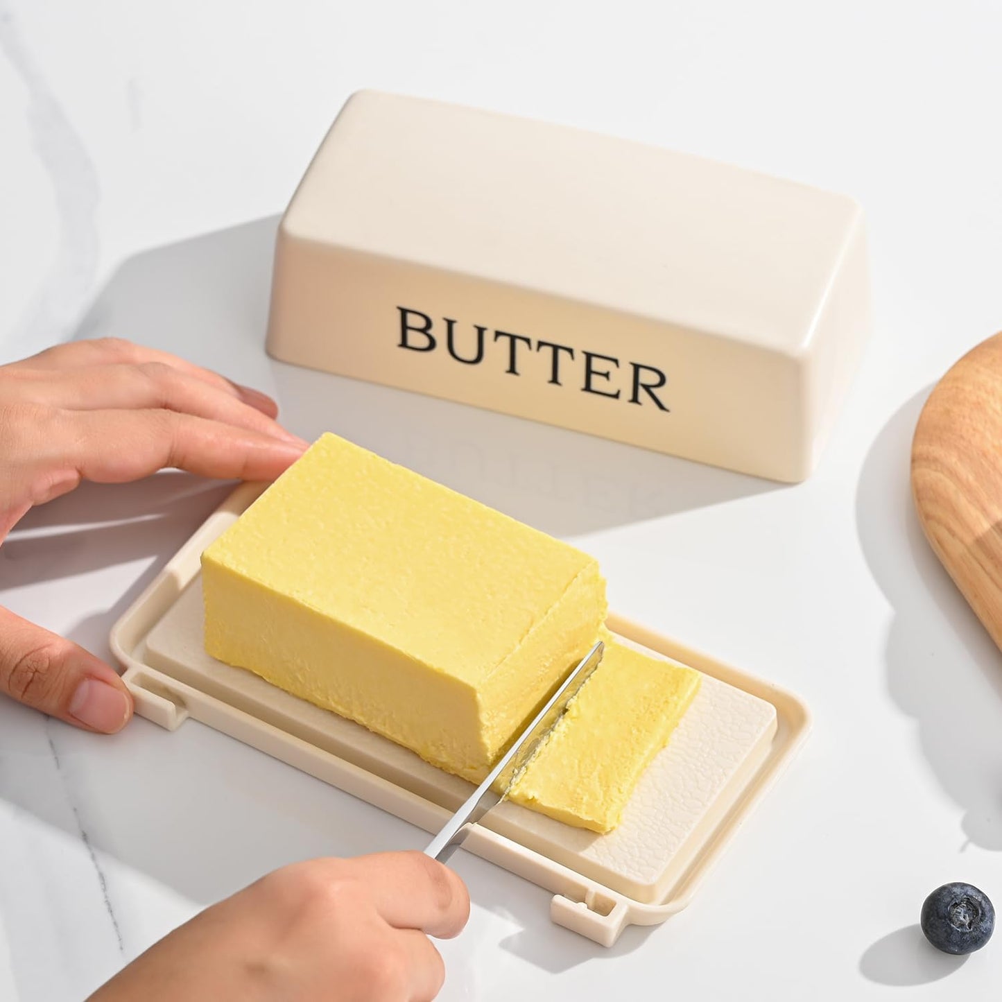 Butter Holder With Lid And Knife,Food Grade Plastic Butter Dish For Countertop,Large Butter Storage Container With Cover,White