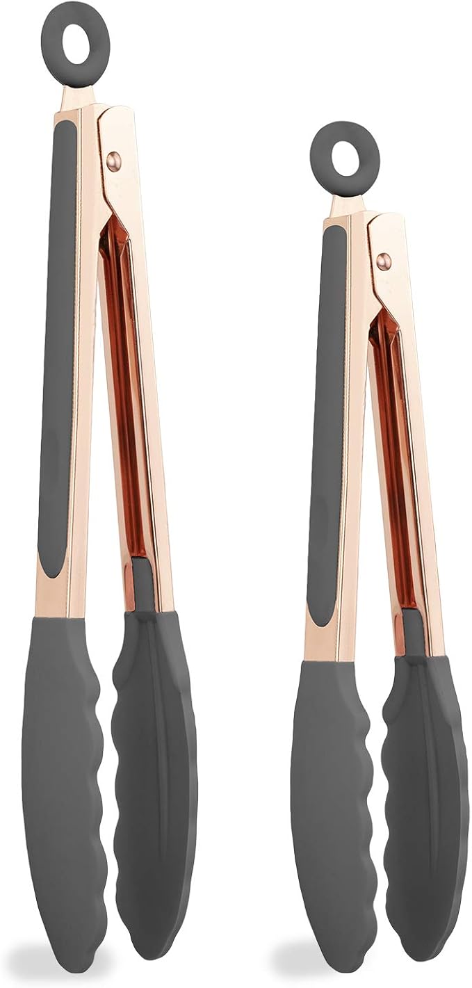 COOK WITH COLOR Stainless Steel Silicone Tipped Kitchen & BBQ Tongs Set, 2 Pc Tongs, Grey
