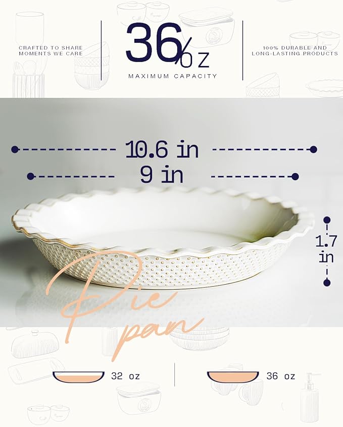 getstar Ceramic Pie Pan Set of 2, 9 inch Pie Dish for Baking, Non-Stick, Oven & Dishwasher Safe, Farmhouse Decor Quiche Baking Dish, Pie Plate, Deep Dish Pie Pan (Embossed Stripes+Dots)