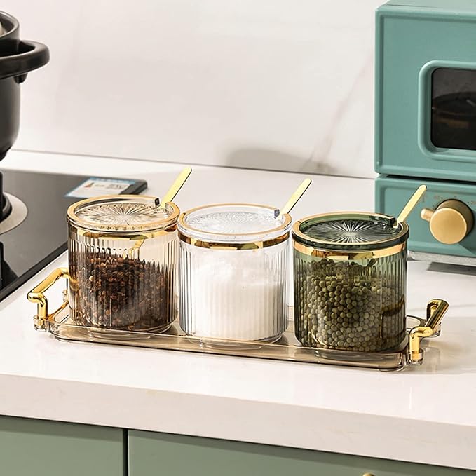 Acrylic Condiment Spice Jars and Box with Lids, Spoons, Tray - 3 Pack, Clear Plastic Canisters, Seasoning Box Set for Salt, Paprika, Sugar - Kitchen Storage