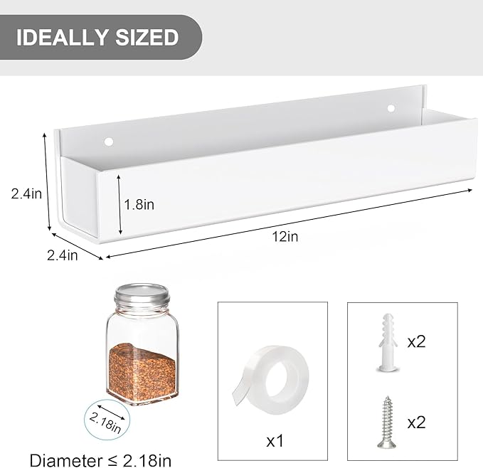 PMMASTO Adhesive Acrylic Spice Rack Organizer for Wall with Nano Double Sided Tape, Spice Shelf Organization for Kitchen Cabinet Door/Pantry Door, Wall Mount Seasoning Rack (White - 4 Pack)