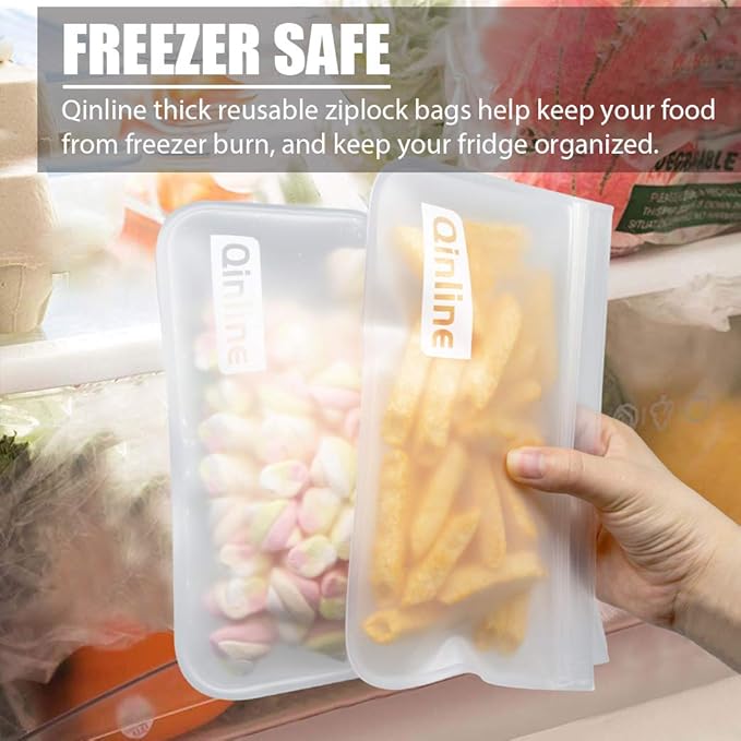 Qinline Reusable Food Storage Bags - 24 Pack Dishwasher Safe Freezer Bags, BPA Free Reusable Bags PEVA material, Leakproof Reusable Lunch Bag for Salad Fruit Travel - 8 Gallon 8 Sandwich 8 Snack Bags