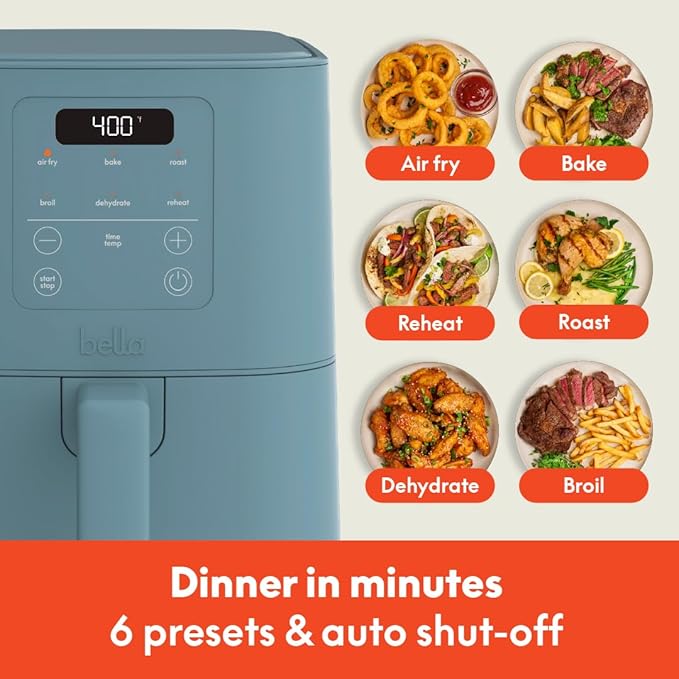 bella 4Qt Slim Air Fryer, Fits-anywhere Kitchenware, EverGood Ceramic Nonstick Coating, Adjustable Temperature, 6 Preset Cooking Options, 60 Min Auto Shutoff w Audible Tone, 3.3lb Capacity, Surf