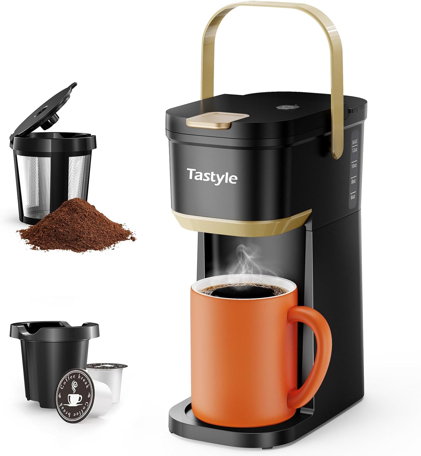 Single Serve One Cup Coffee Maker, for K Cups and Grounds, Mini Coffee Maker with Portable Handle, 6 to 12 Oz Brew Size, for Travel, Camping, Office, RV and Dorm, 120V, Black and Gold