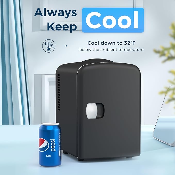 Antarctic Star Compact Refrigerator, Portable Mini Fridge, Skin Care 4L Capacity/6 Cans, for Bedroom, Car, Office & Dorm, Small Cooler for Cosmetics, Beverage and Food, Black