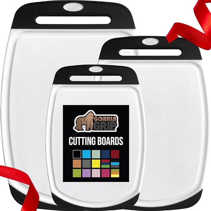 GORILLA GRIP BPA-Free Reversible Kitchen Cutting Board Set of 3, US Designed, Nonporous, Juice Grooves Catch Liquid, Slip Resistant Border, Durable Food Chopping Boards, Holiday Prep Essentials, Black