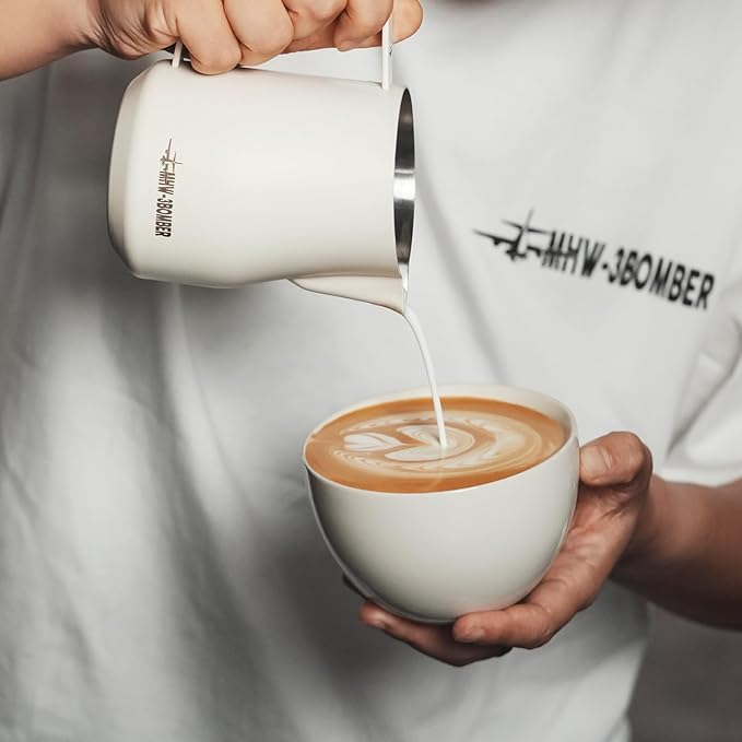 MHW-3BOMBER Milk Frothing Pitcher 12oz/350ml Milk Frother Cup Espresso Steaming Pitcher Stainless Steel Milk Frother Cup Barista Latte Art Round Spout Milk Jug White P6013W-OS