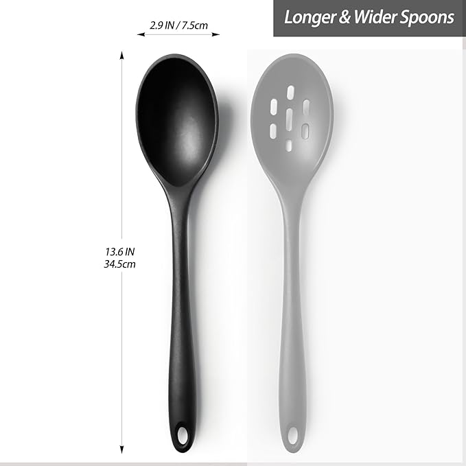Silicone Spoons for Cooking - Extra Large Kitchen Spoons for Mixing, Serving, & Stirring - 600°F Heat-Resistant Non Stick Utensils Ladle - Dishwasher Safe, Solid,Black