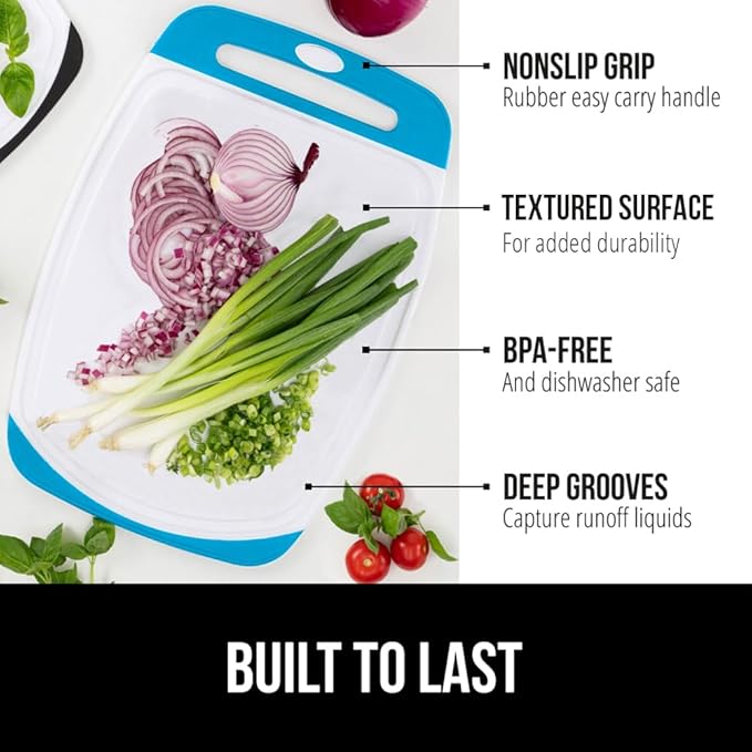 GORILLA GRIP BPA-Free Reversible Kitchen Cutting Board Set of 3, US Designed, Nonporous, Juice Grooves Catch Liquid, Slip Resistant Border, Dishwasher Safe, Durable Large Food Chopping Boards, Aqua