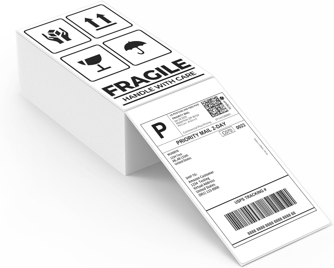 MUNBYN 3x5 Inch Thermal Shipping Labels, Multipurpose Fanfold Thermal Printer Labels for Small Businesses, Shipping Packages, 500 Sheets/1 Roll