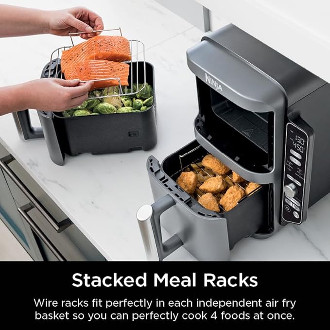 Ninja Air Fryer, 10QT DoubleStack XL 2-Basket, Compact Design, Cooks 5lb Whole Chicken, Feeds Up to 8 People, 6-in-1 Air Fryer, Roast, Bake & More, Easy to Clean, Dishwasher Safe Parts, Grey, SL401