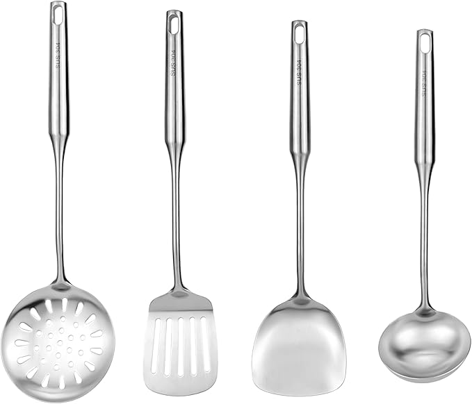 18/8 Stainless Steel Kitchen Utensils Set, 4 PCS 15in Metal Cooking Utensil Gadgets Tools Set with Spatula, Deep Ladle, Skimmer, Slotted Spatula Turner, Dishwasher Safe (4Pack)