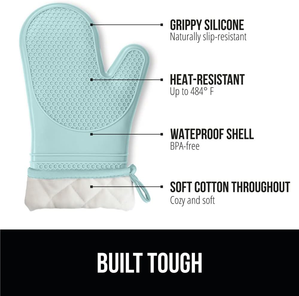 GORILLA GRIP BPA-Free Soft Silicone Oven Mitts, Heat Resistant and Waterproof Cooking Gloves, Thick Cotton Lining, Flexible Gripping for Baking Grilling, Kitchen Potholders Set of 2, 12.5x8.3, Mint