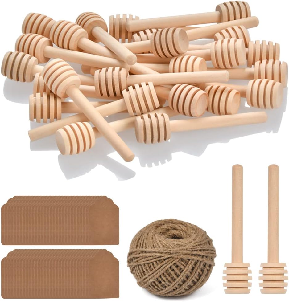 100pcs Honey Dipper Sticks, 3 inch Wooden Honey Dipper Honey Stirrers Honey Spoon with Natural Jute Twine Kraft Paper Tags for Honey Jar Dispense Drizzle Honey Wedding Party Favors Honey Server