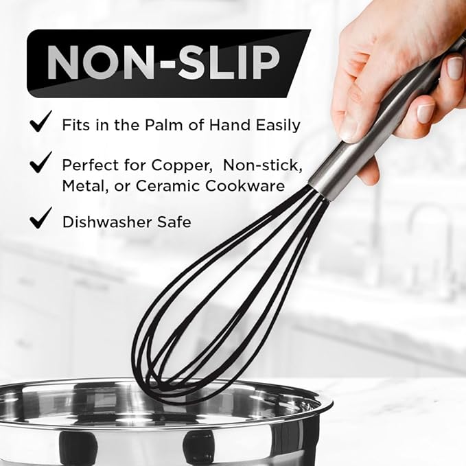 Silicone Whisk Set of 3 - Stainless Steel & Silicone Non-Stick Coating – wisking tool, Whisking, mini whisk, whisks for cooking (12-inch, 10-inch & 8.5-inch), egg whisk
