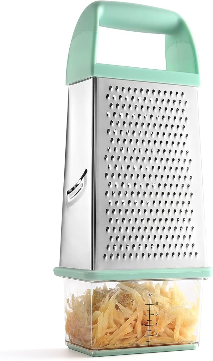 Spring Chef Professional 10" Parmesan Cheese Grater With Container, Stainless Steel & Soft Grip Handle, Handheld Kitchen Cheese Shredder, Box Grater with 4 Sides for Potato, Carrot, Veggie - Mint