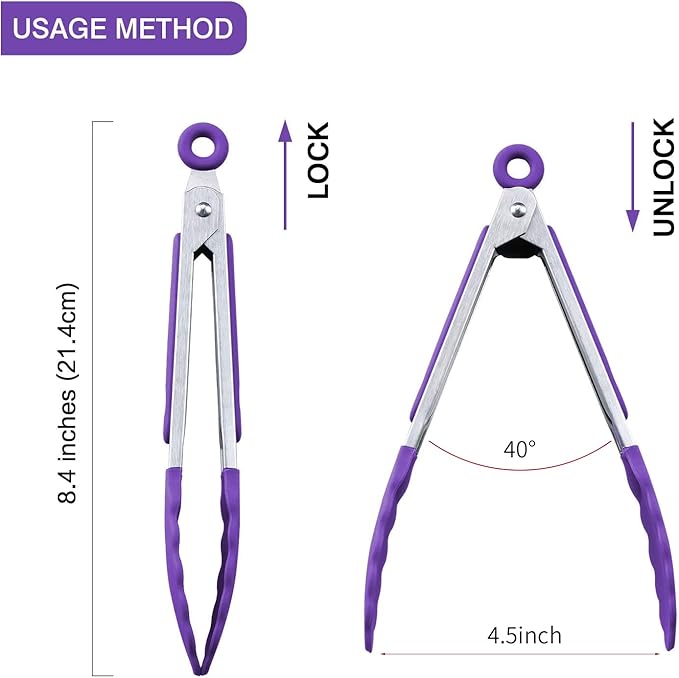 MSY BIGSUNNY Kitchen Food Tongs - 7" Mini Silicone Serving Tongs - Set of 3 (Purple)