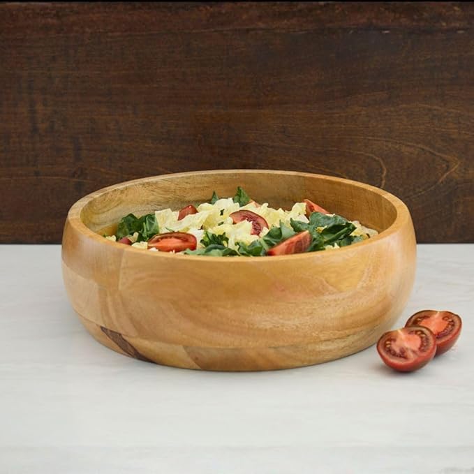 Medium Salad Bowl, 13" Wide, Kitchen Countertop Fruit Bowl, Serving Dish for Pasta, Bread, Mixing Bowl, Farmhouse Style, Mango Wood, Round, Serves 4-5