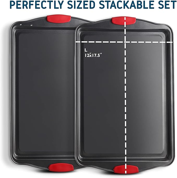 Baking Sheet Set, 2-Piece Large Cookie Sheet Set with Silicone Handles, Steel Baking Pan, Baking Sheets for Oven, BPA Free Cookie Sheets for Baking Nonstick Set, Premium Sheet Pan, Black Baking Tray