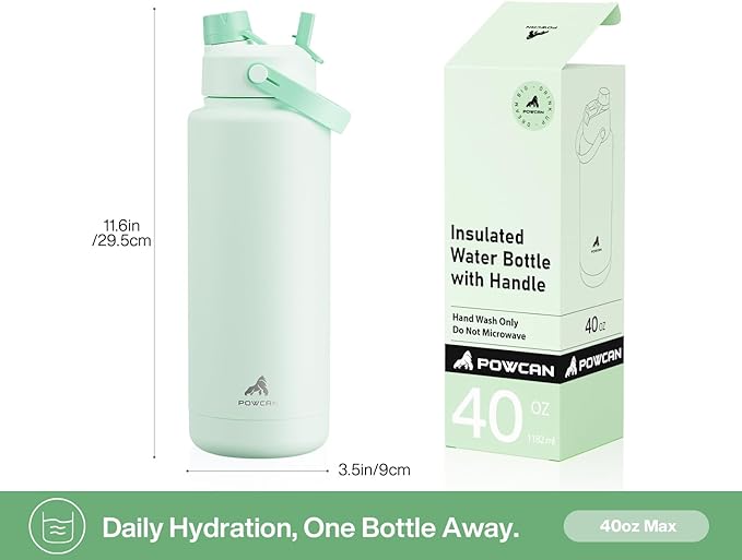POWCAN 40 oz Insulated Water Bottle with 2-in-1 Straw and Spout Lid, Keep Cold 24H, Leak-Proof, BPA-Free, Double Wall Stainless Steel Water Bottle for Sports, Gym, Travel, and School (Mint)