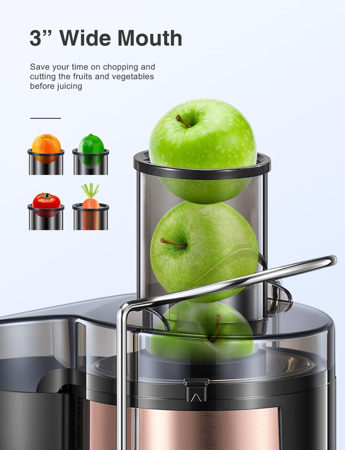 QCen Juicer Machine, 500W Centrifugal Juicer Extractor with Wide Mouth 3” Feed Chute for Fruit Vegetable, Easy to Clean, Stainless Steel, BPA-free (Rose Gold)