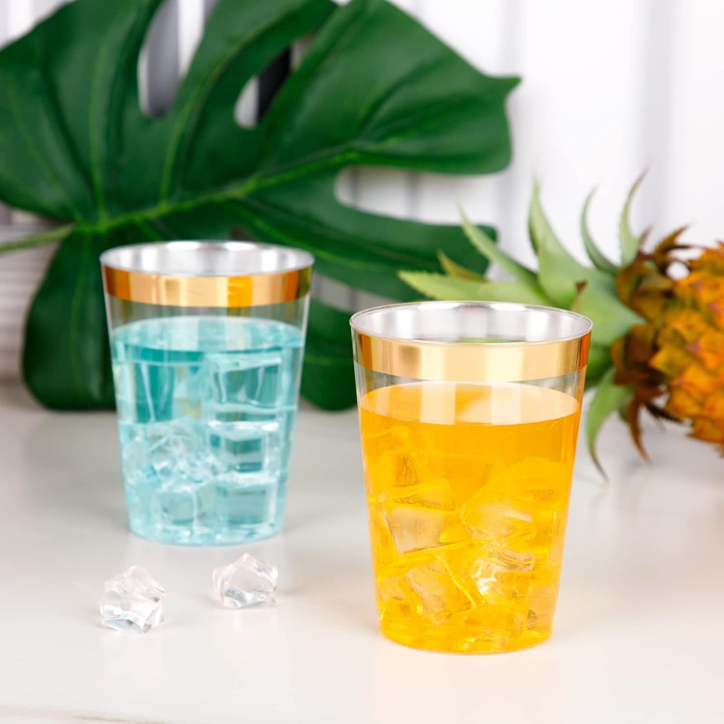 I00000 200 Pack Gold Plastic Cups, 10 oz Clear Plastic Cups Gold Rimmed Disposable Wine Glasses Fancy Disposable Party Cups Wedding Cups Drinking Tumblers Plastic Cocktail Glasses with Gold Rim