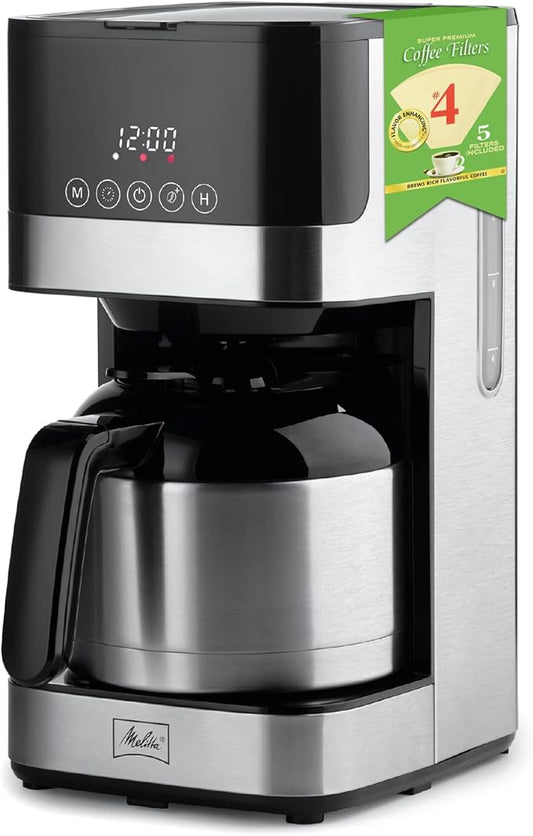 Melitta Aroma Tocco Thermal Drip Coffee Maker, 8-Cup, Programmable with Automatic Shut-Off, Pause & Serve, Stainless Steel Carafe with 5-Pack Coffee Filters