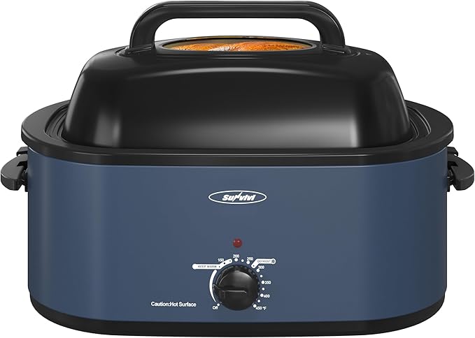 Sunvivi Roaster Oven, Electric Roaster Oven with Viewing Lid, 30lb 26-Quart Turkey Roaster with Unique Defrost/Warm Function, Large Roaster with Removable Pan & Rack, Stainless Steel, Blue