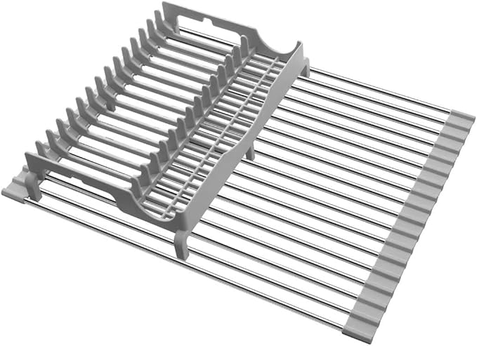 Upgraded Roll Up Dish Drying Rack(21.5” x 13.1”) Over Sink Dish Drainer Foldable Stainless Steel Trivet for Kitchen Countertop
